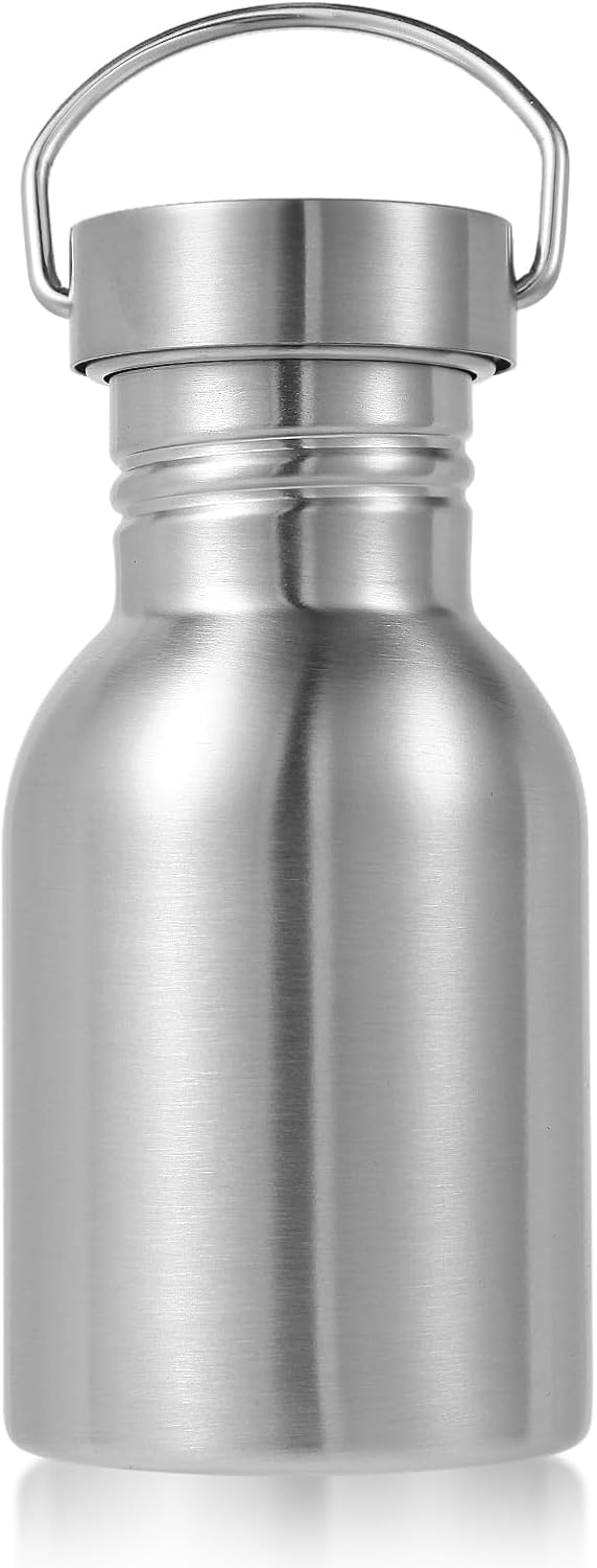 Volhoply 12oz Uninsulated Single Walled Water Bottle, Stainless Steel Reusable Water Bottles with Handle, BPA Free & Plastic Free 18/8 304 Metal Water Bottles for Camping, Hikers, Cyclists