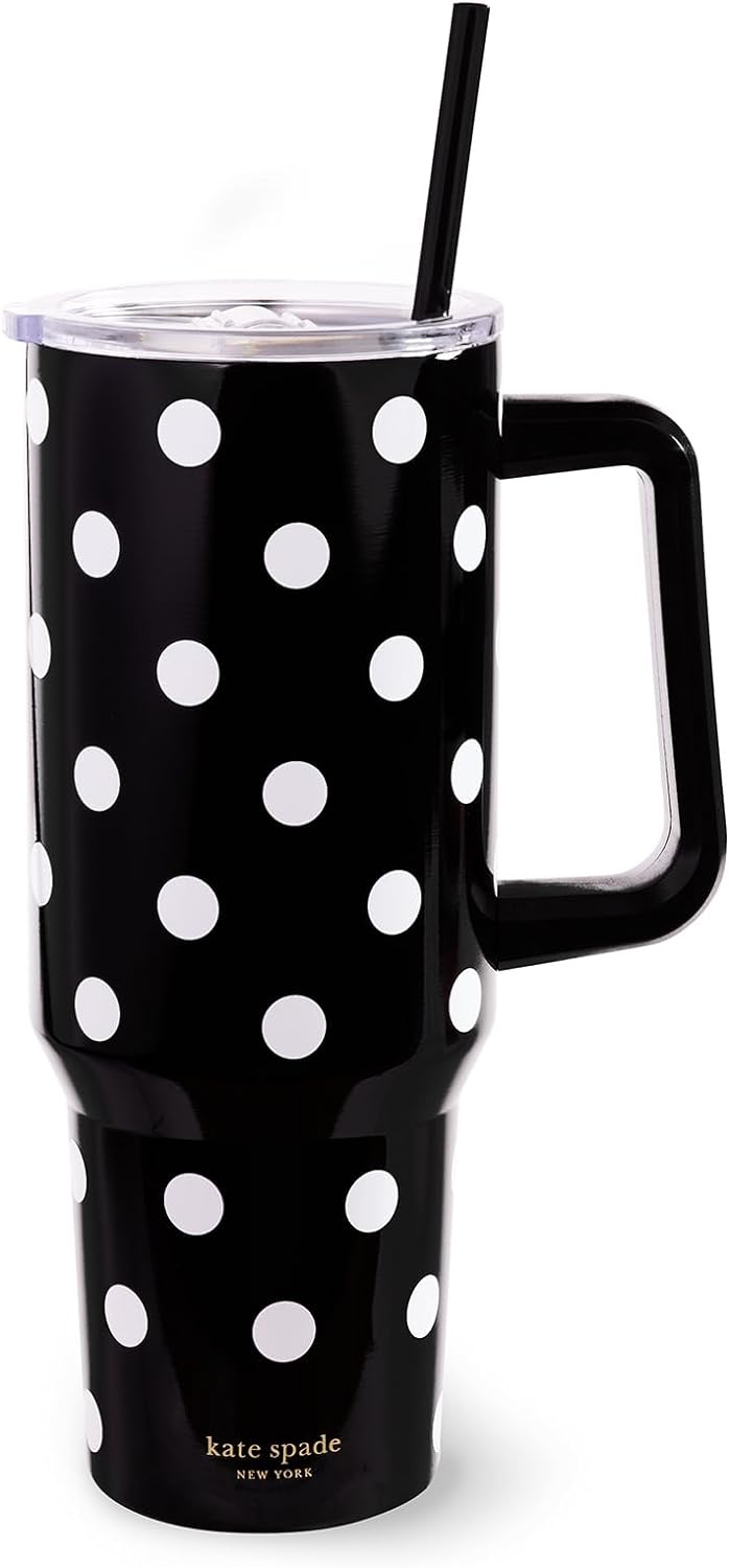 kate spade new york 40 Ounce Tumbler with Handle and Straw, Double Wall Stainless Steel Insulated Tumbler, Cupholder Friendly, Picture Dot