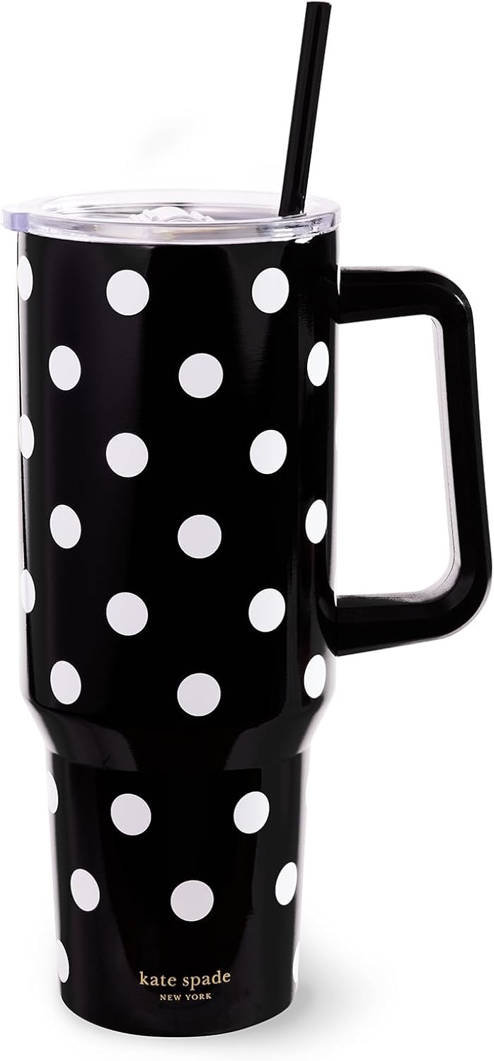 kate spade new york 40 Ounce Tumbler with Handle and Straw, Double Wall Stainless Steel Insulated Tumbler, Cupholder Friendly, Picture Dot