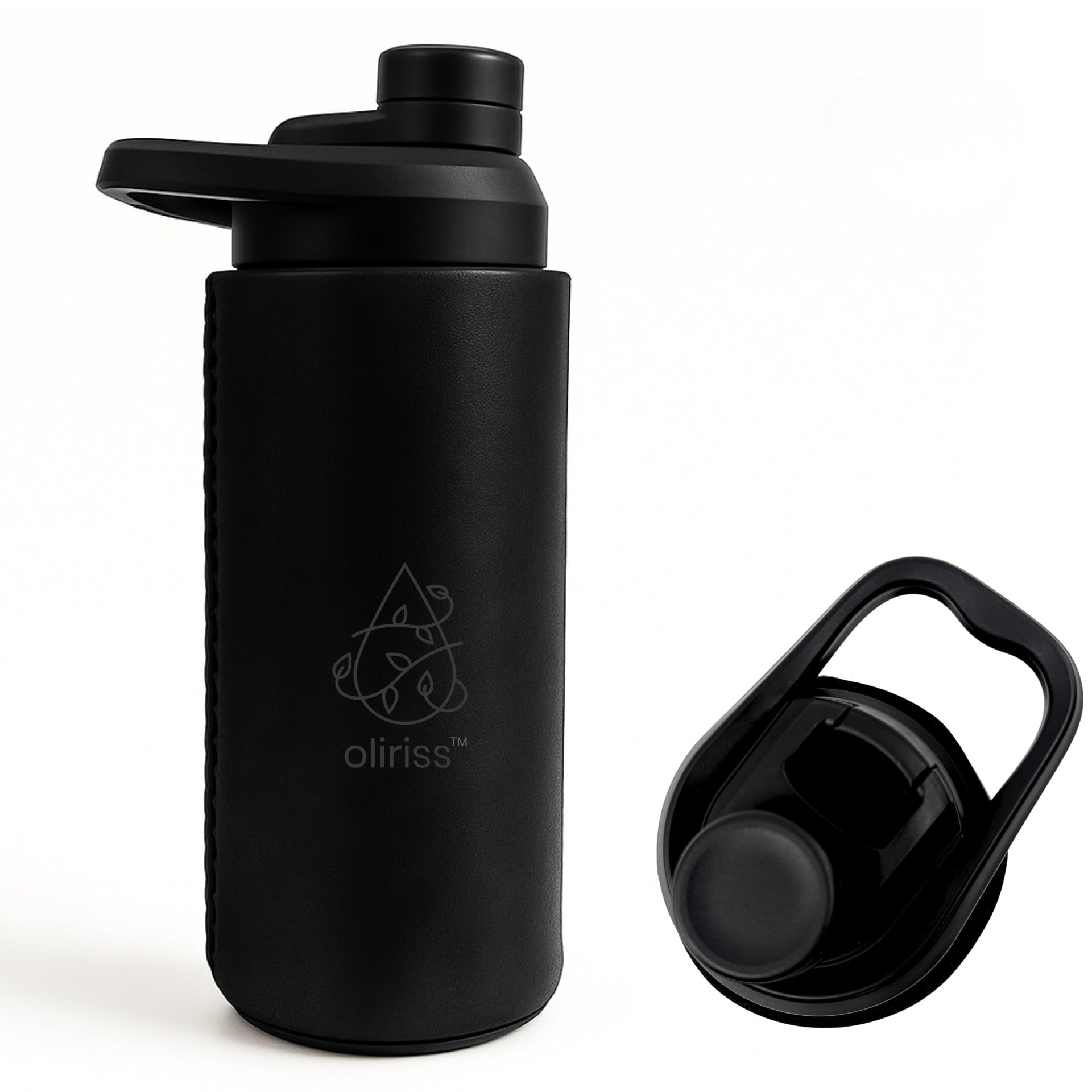 18oz leather stainless steel water bottle (black)