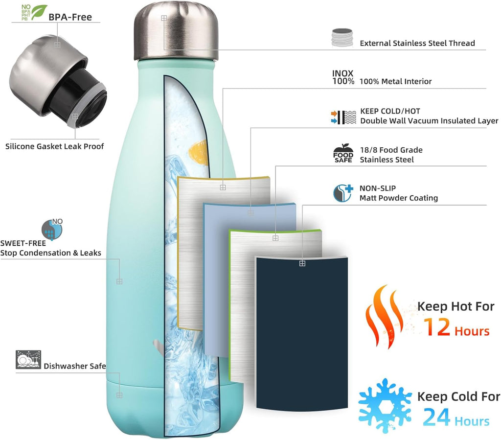 Insulated Water Bottles,12 oz Double Wall Stainless Steel Vacumm Metal Flask for Sports Travel,Mint