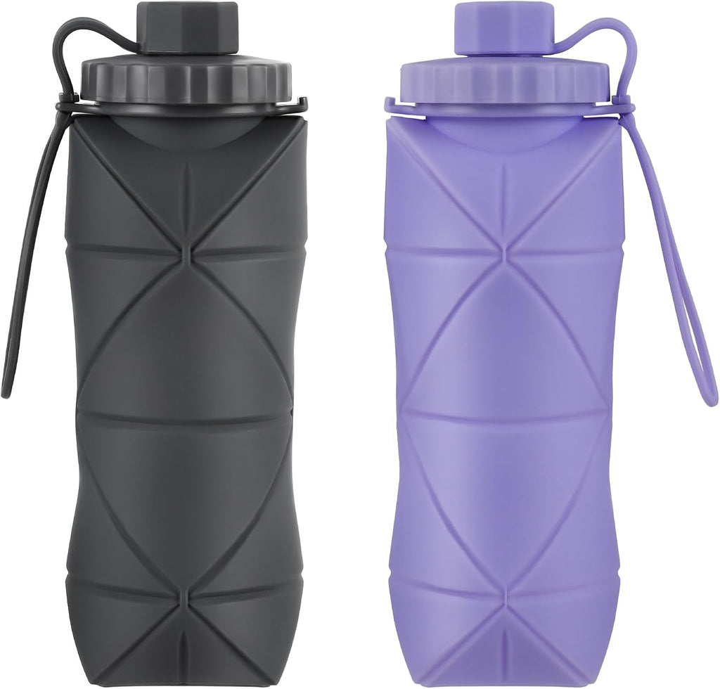 Silicone Collapsible Water Bottles,Lightweight Reusable Leakproof For Traveling Camping Hiking Cycling Sports Outdoor,Foldable Portable Travel Water Bottle 600ML Dark Grey And Purple 2Pack.