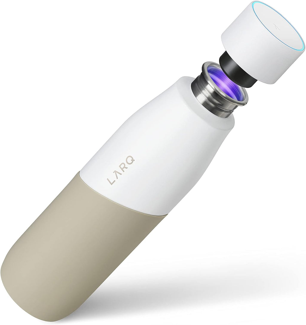 LARQ Bottle Movement PureVis 24 oz- Lightweight Self-Cleaning and Non-Insulated Stainless Steel Water Bottle with UV Water Purifier | Reusable & Travel Friendly, 1-Year Warranty, White/Dune