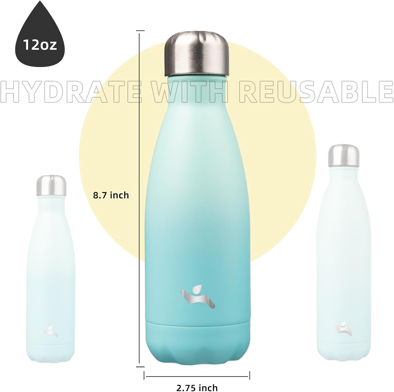 Insulated Water Bottles,12 oz Double Wall Stainless Steel Vacumm Metal Flask for Sports Travel,Mint