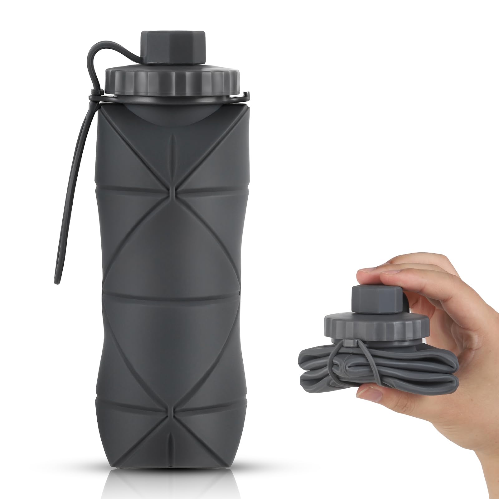 Silicone Collapsible Water Bottles,Lightweight Reusable Leakproof For Traveling Camping Hiking Cycling Sports Outdoor,Foldable Portable Travel Water Bottle 600ML Dark Grey And Purple 2Pack.