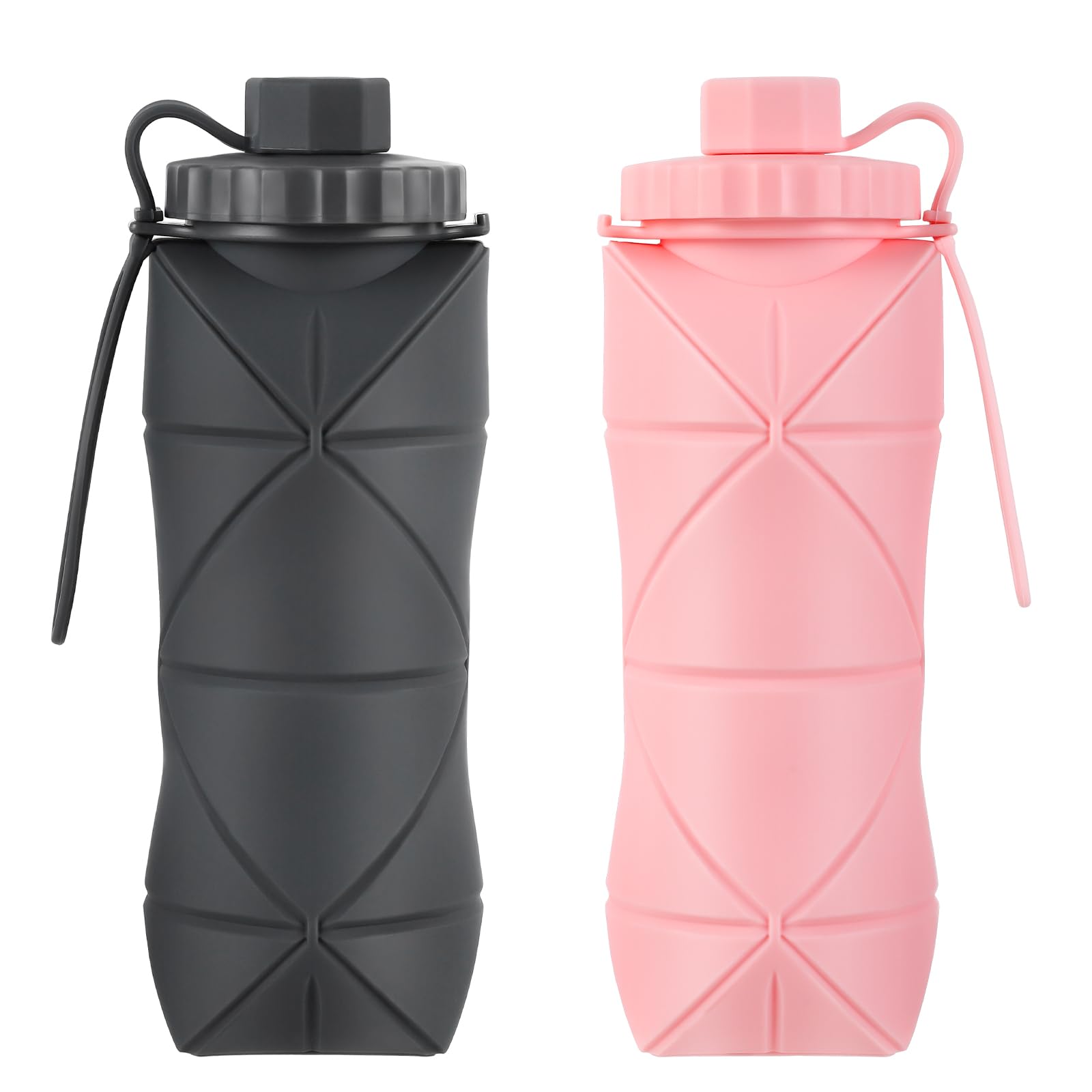 Silicone Collapsible Water Bottles,Lightweight Reusable Leakproof For Traveling Camping Hiking Cycling Sports Outdoor,Foldable Portable Travel Water Bottle 600ML Dark Grey And Purple 2Pack.