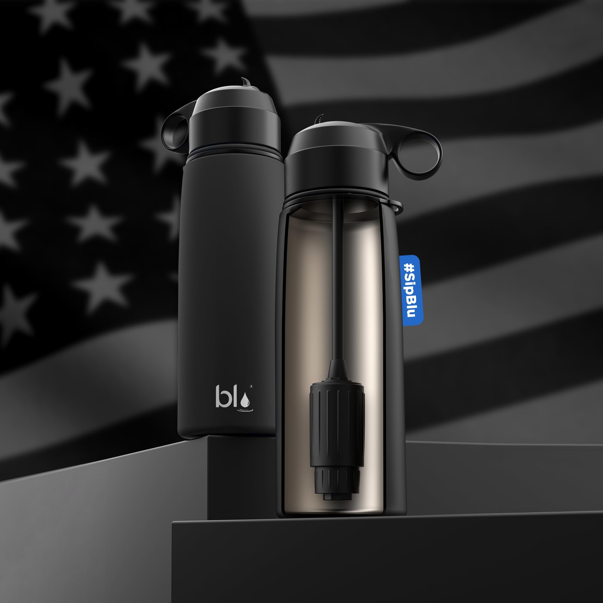BLU ALL-IN-ONE | Vacuum Insulated Stainless Steel Water Bottle Flask With a pH Filter (26oz) | Made in the USA | Alkaline Water Filter Bottle | Removes 99.99% contaminants (pH - Blue)