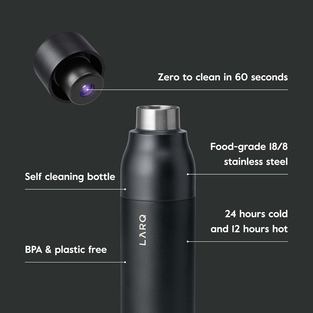 LARQ Bottle PureVis 17 oz - Self-Cleaning and Insulated Stainless Steel Water Bottle with UV Water Purifier and Award-winning Design | Reusable & Travel Friendly, Obsidian Black