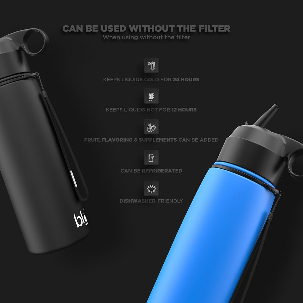 BLU ALL-IN-ONE | Vacuum Insulated Stainless Steel Water Bottle Flask With a pH Filter (26oz) | Made in the USA | Alkaline Water Filter Bottle | Removes 99.99% contaminants (pH - Blue)