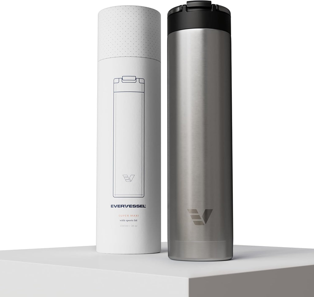 Super Maxi Stainless Steel Water Bottle 36oz - Double wall vacuum insulated | Integrated carry handle | leak proof flip top lid | Lightweight & stylish - Stainless