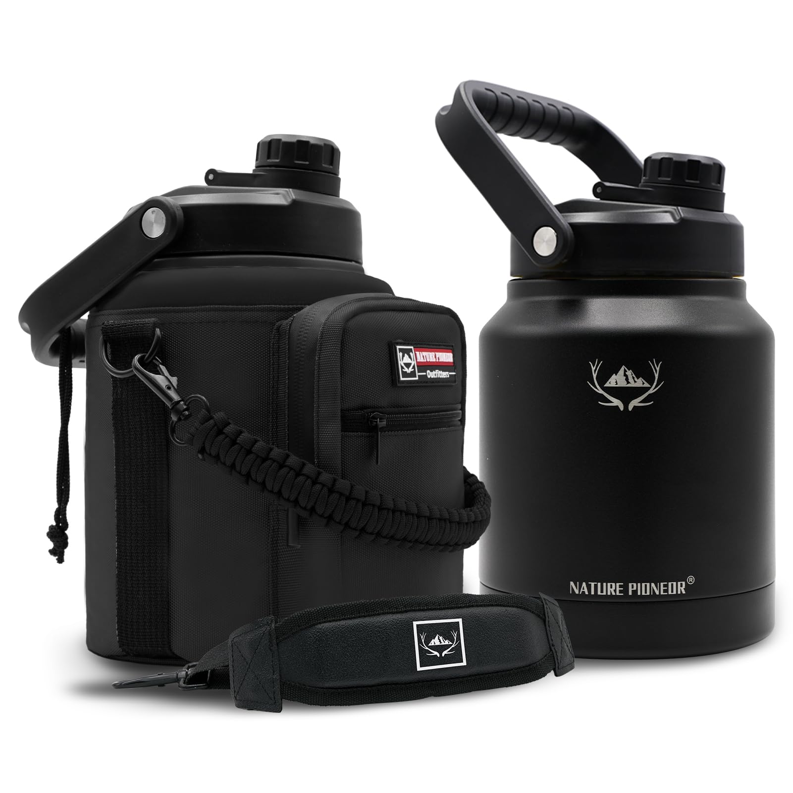 NATURE PIONEOR One Gallon Water Bottle Insulated - Large Double Vacuum Stainless Steel 128 oz Water Bottle with Holder/Carrier, 1 Gallon Water Jug,128oz, Wide Mouth