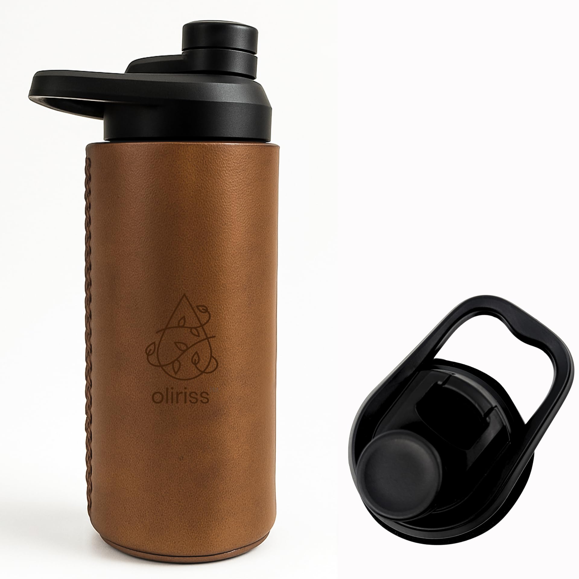 18oz leather stainless steel water bottle (black)