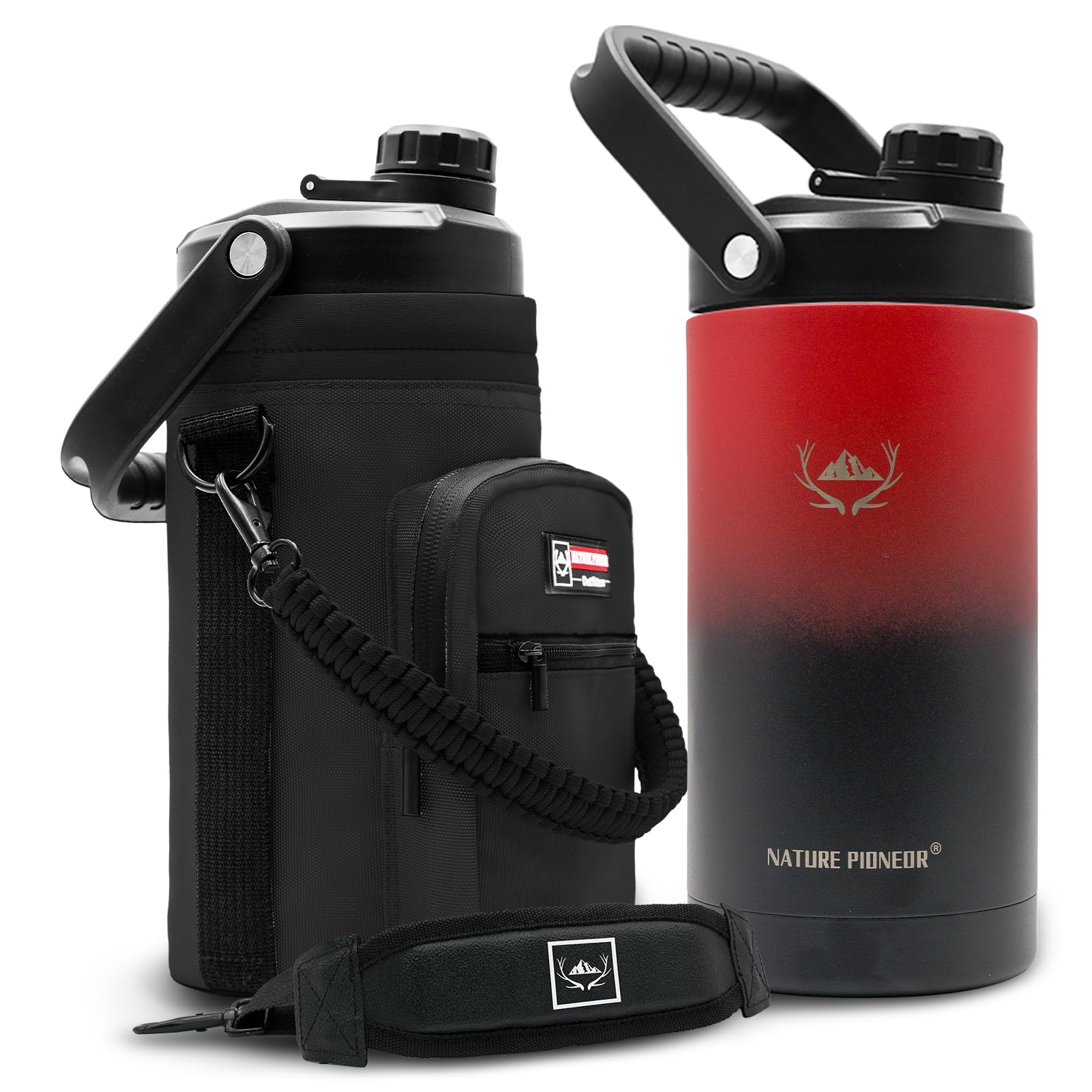 NATURE PIONEOR One Gallon Water Bottle Insulated - Large Double Vacuum Stainless Steel 128 oz Water Bottle with Holder/Carrier, 1 Gallon Water Jug,128oz, Wide Mouth