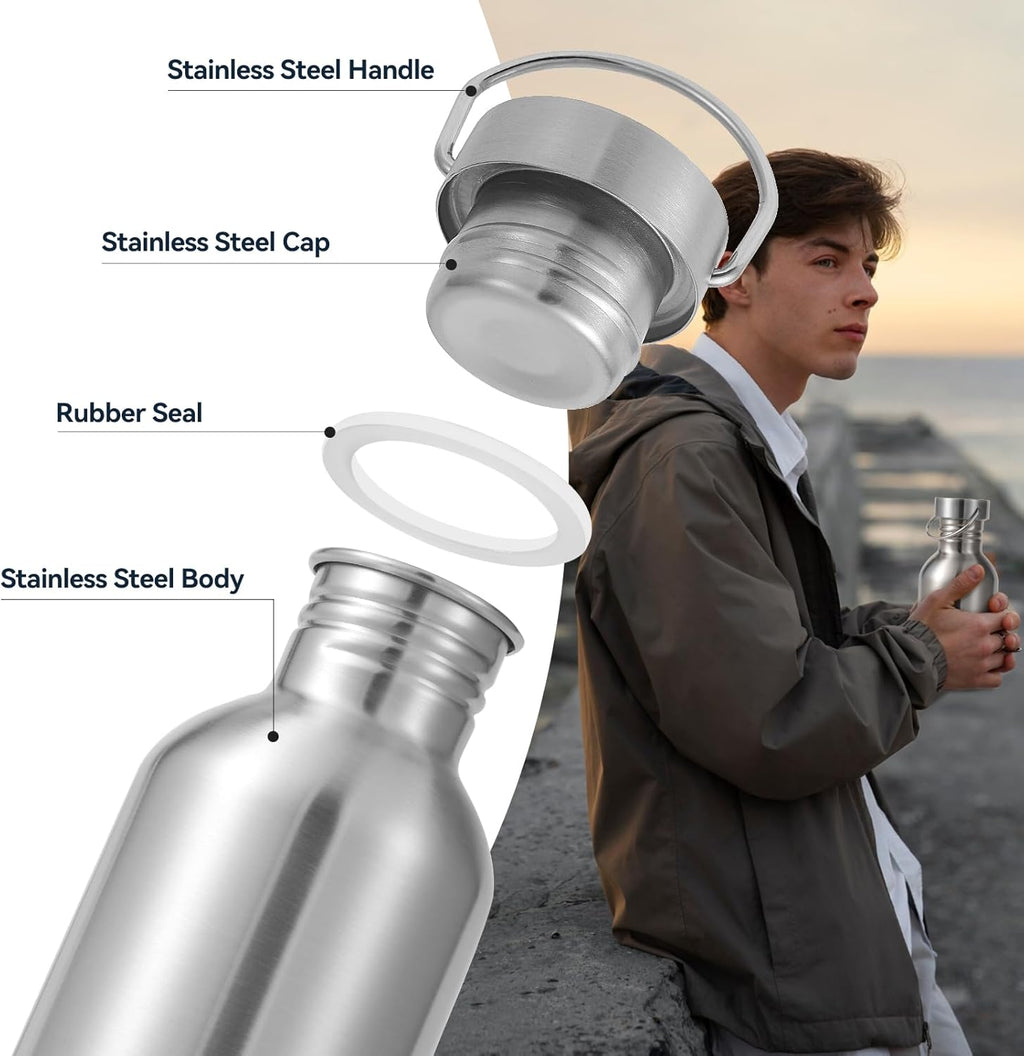 Volhoply 12oz Uninsulated Single Walled Water Bottle, Stainless Steel Reusable Water Bottles with Handle, BPA Free & Plastic Free 18/8 304 Metal Water Bottles for Camping, Hikers, Cyclists