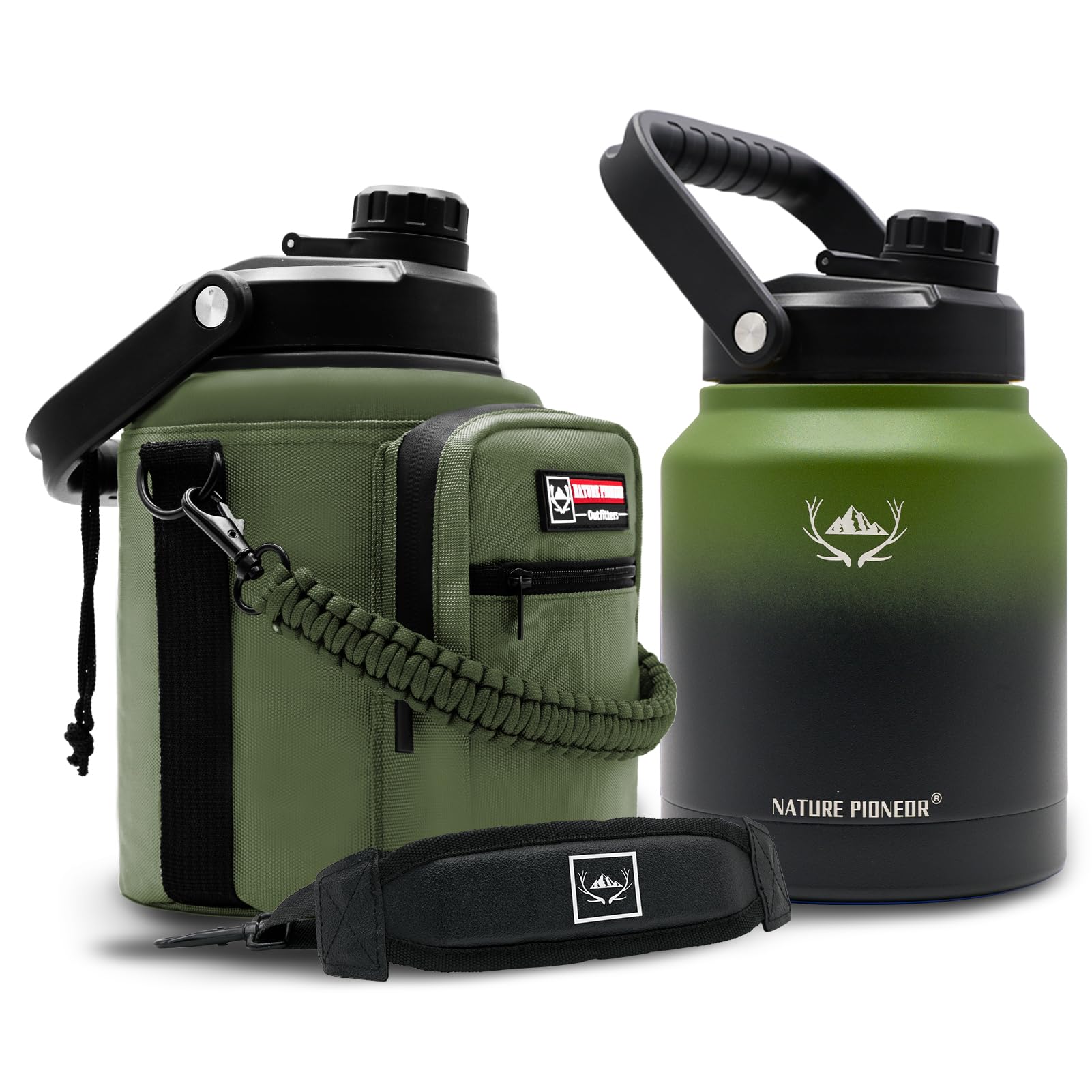 NATURE PIONEOR One Gallon Water Bottle Insulated - Large Double Vacuum Stainless Steel 128 oz Water Bottle with Holder/Carrier, 1 Gallon Water Jug,128oz, Wide Mouth
