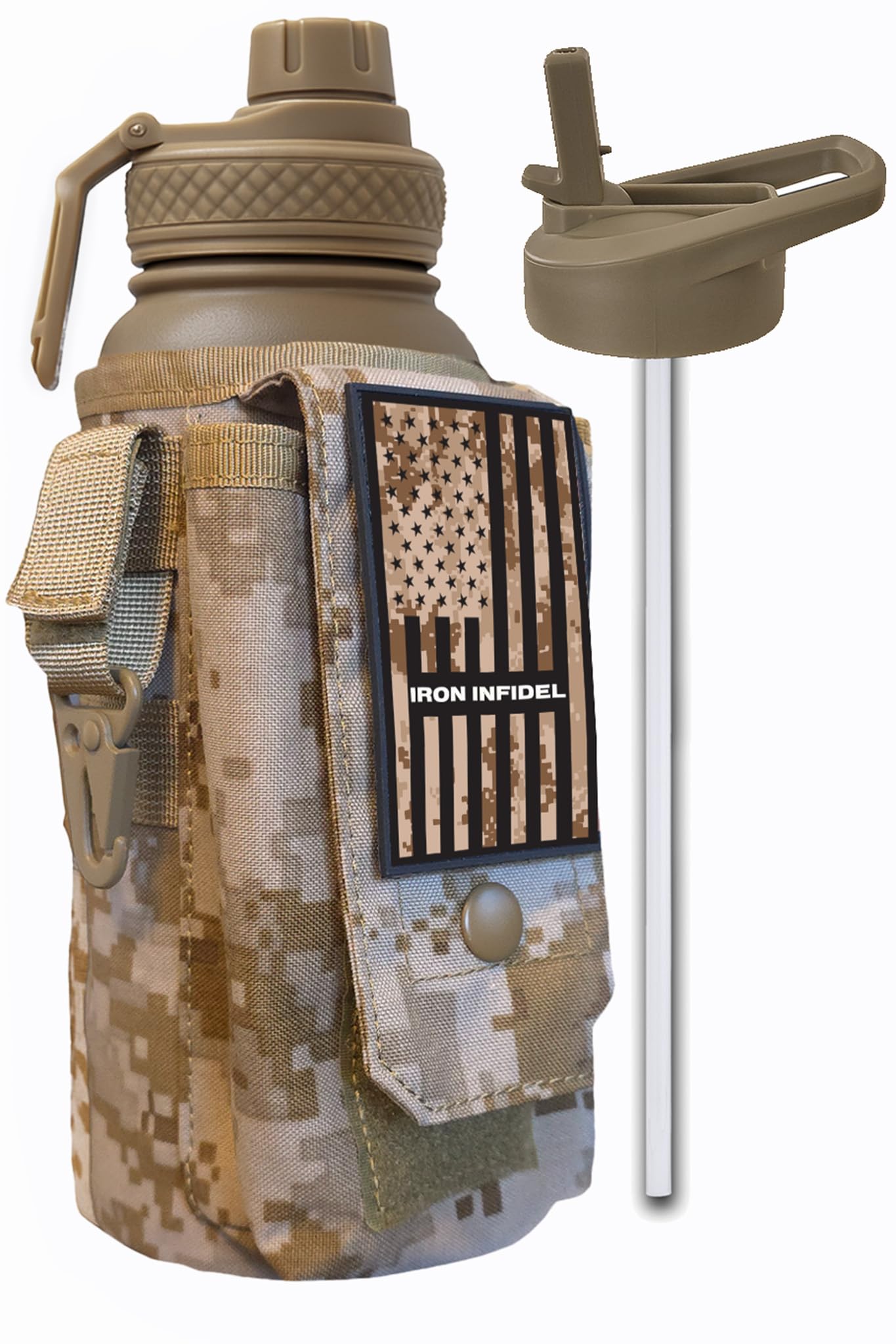 Iron Infidel Battle Bottle - Half Gallon Insulated Water Bottle with Paracord Handle, Large 64 oz Stainless Steel Water Jug with Rugged, Removable Sleeve for Keys, Wallet & Phone (Brown Recluse 2L)