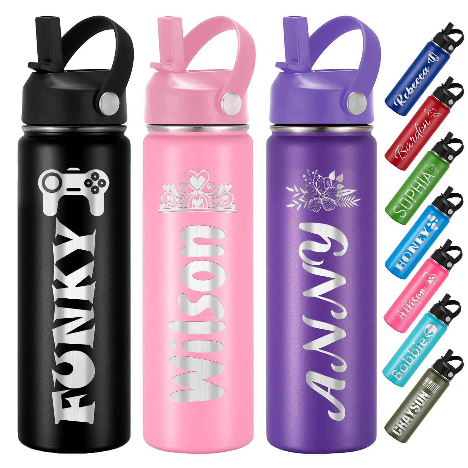 Custom Personalized Water Bottle for Kids Customized Water Bottles with Name Customizable Stainless Steel Insulated Cups 12/16/18/24/32/40 oz for School Girls Boys Toddler