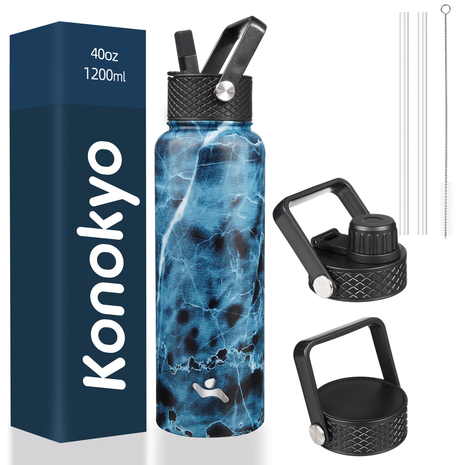 22oz Stainless Steel Bottles with 3 Lids Sport Insulated Water Bottle,Marble Blossom