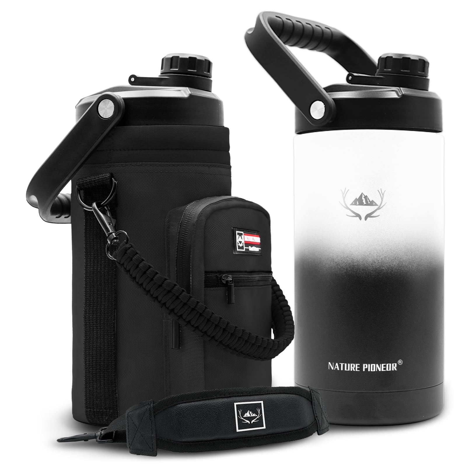 NATURE PIONEOR One Gallon Water Bottle Insulated - Large Double Vacuum Stainless Steel 128 oz Water Bottle with Holder/Carrier, 1 Gallon Water Jug,128oz, Wide Mouth