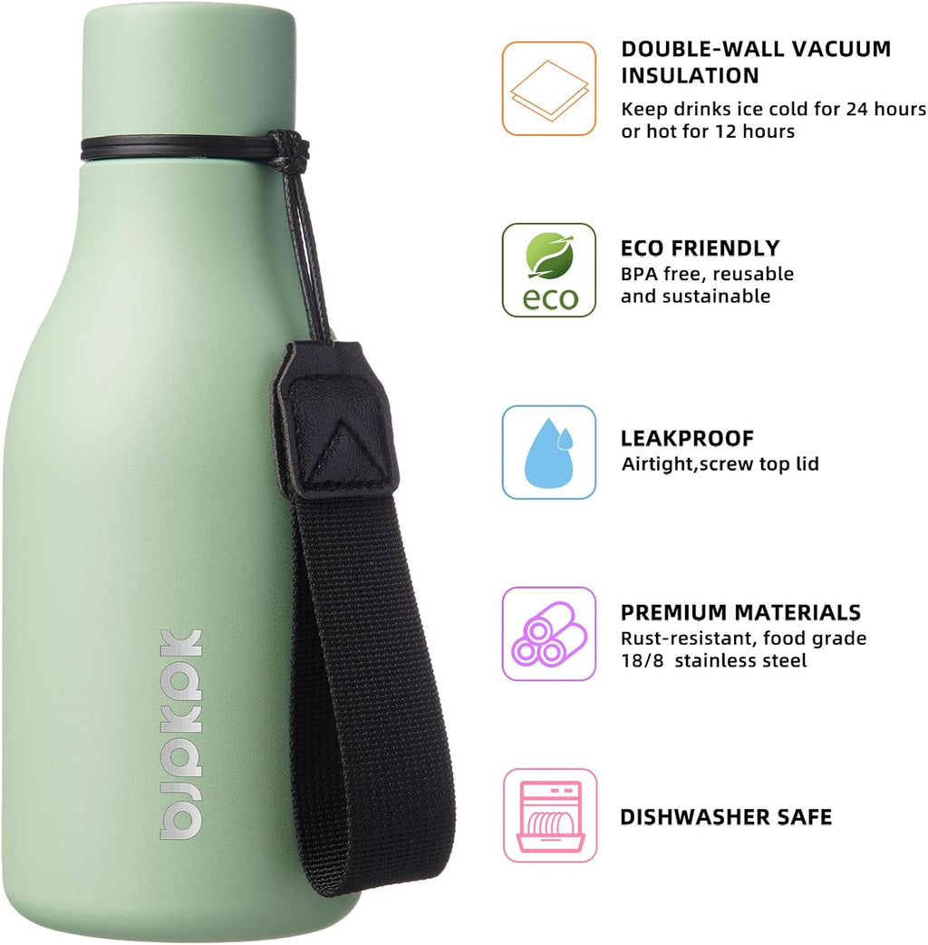 BJPKPK Insulated Water Bottles, 12oz Stainless Steel Metal Water Bottle with Strap, BPA Free Leak Proof Jugs, Mugs, Flasks, Reusable Thermal Flasks for Sports & Travel, Macaron Green