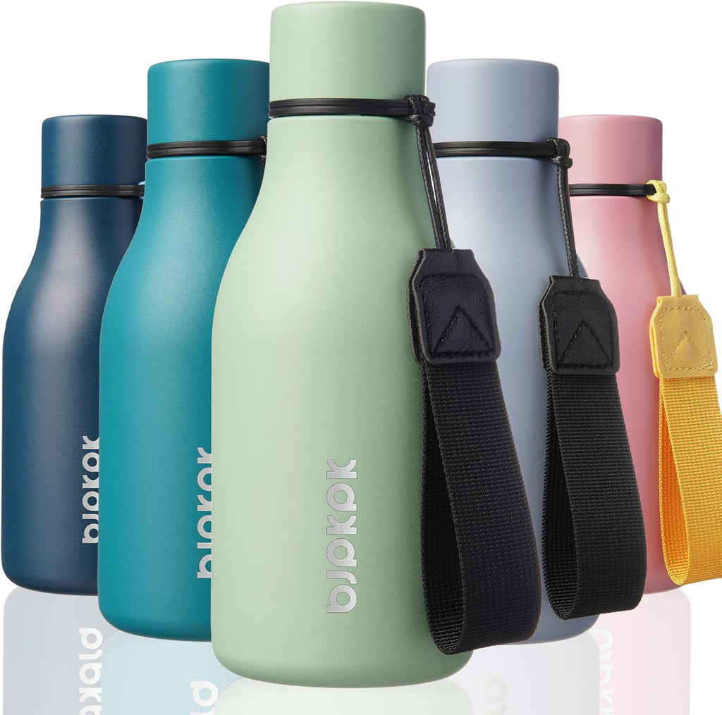 BJPKPK Insulated Water Bottles, 12oz Stainless Steel Metal Water Bottle with Strap, BPA Free Leak Proof Jugs, Mugs, Flasks, Reusable Thermal Flasks for Sports & Travel, Macaron Green