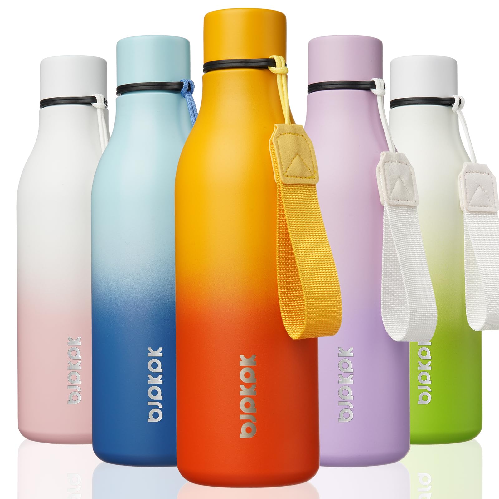 BJPKPK Insulated Water Bottles, 12oz Stainless Steel Metal Water Bottle with Strap, BPA Free Leak Proof Jugs, Mugs, Flasks, Reusable Thermal Flasks for Sports & Travel, Macaron Green