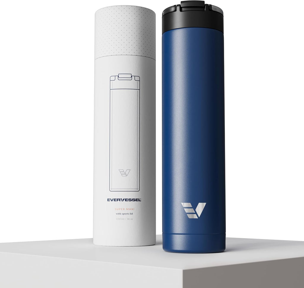 Super Maxi Stainless Steel Water Bottle 36oz - Double wall vacuum insulated | Integrated carry handle | leak proof flip top lid | Lightweight & stylish - Blue