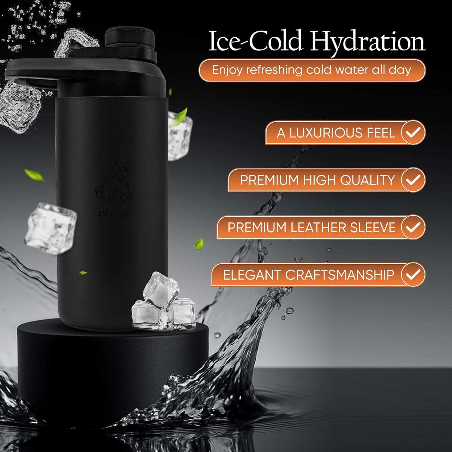 18oz leather stainless steel water bottle (black)