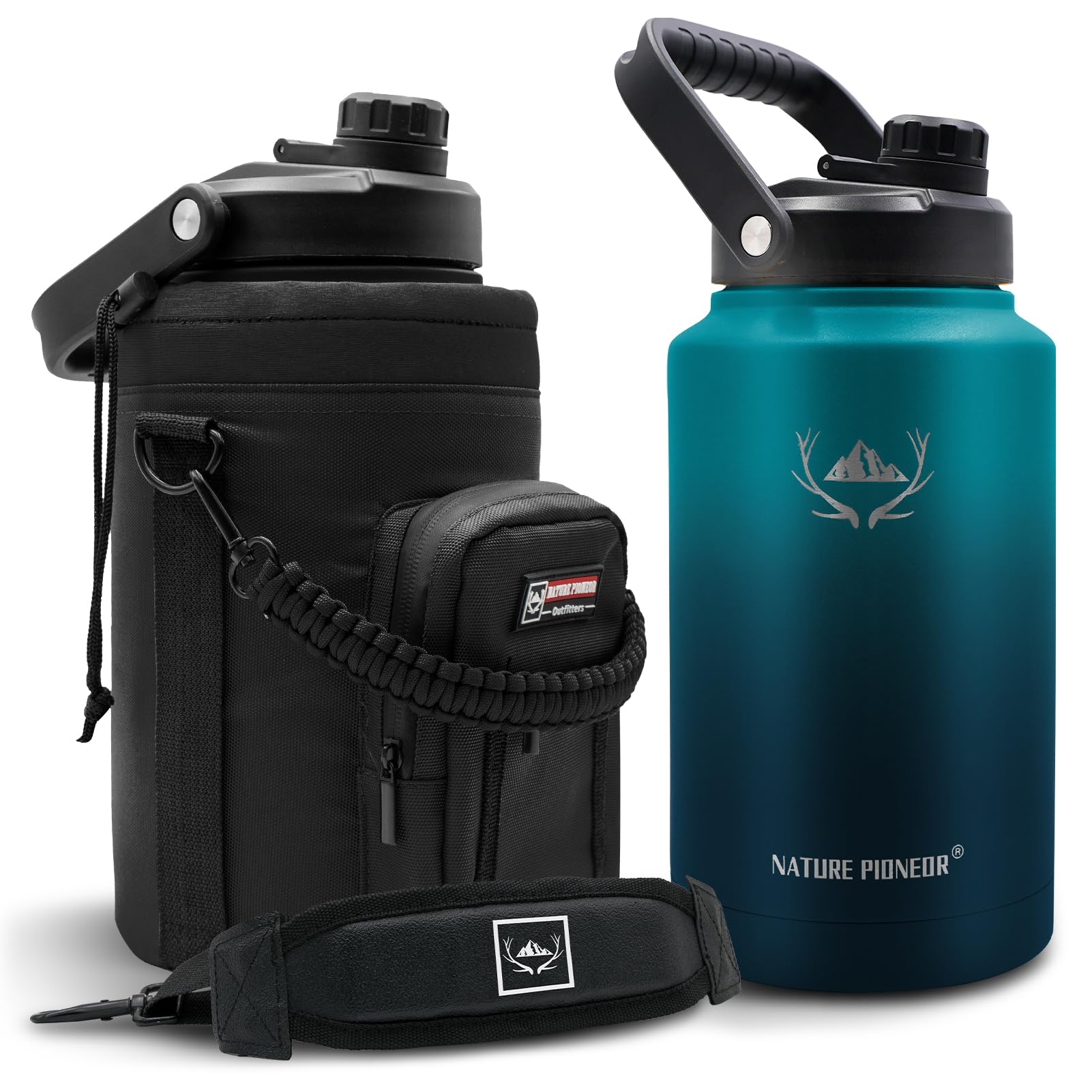 NATURE PIONEOR One Gallon Water Bottle Insulated - Large Double Vacuum Stainless Steel 128 oz Water Bottle with Holder/Carrier, 1 Gallon Water Jug,128oz, Wide Mouth