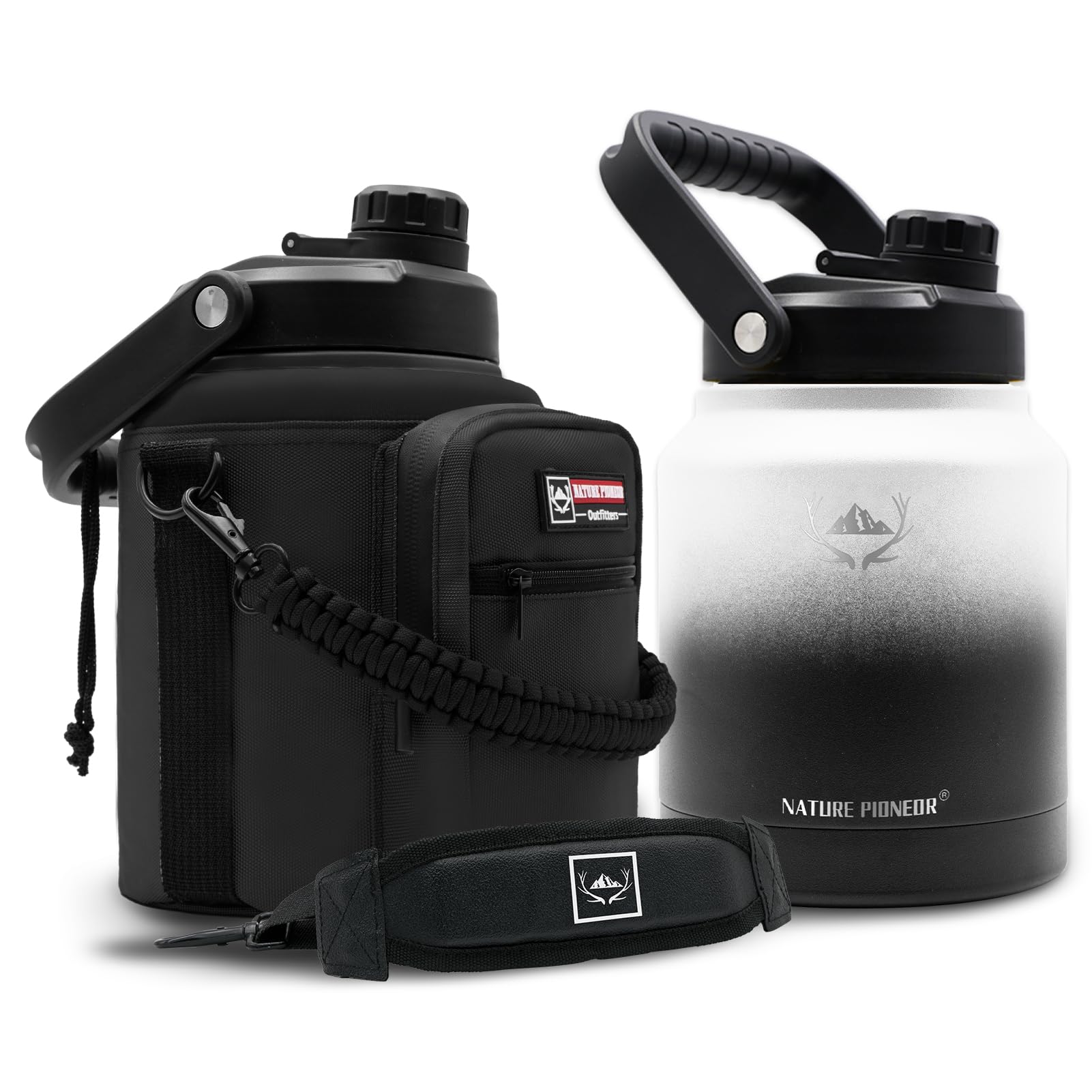 NATURE PIONEOR One Gallon Water Bottle Insulated - Large Double Vacuum Stainless Steel 128 oz Water Bottle with Holder/Carrier, 1 Gallon Water Jug,128oz, Wide Mouth