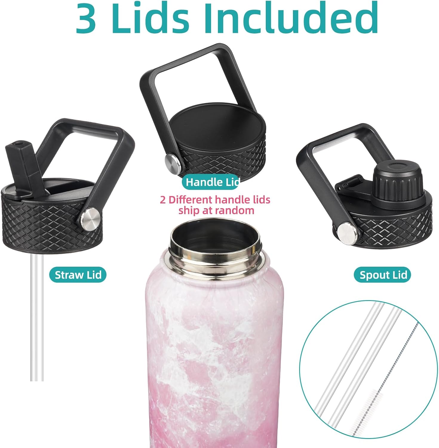 22oz Stainless Steel Bottles with 3 Lids Sport Insulated Water Bottle,Marble Blossom