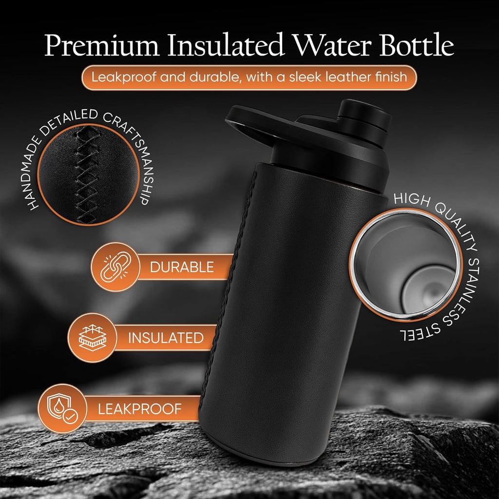 18oz leather stainless steel water bottle (black)