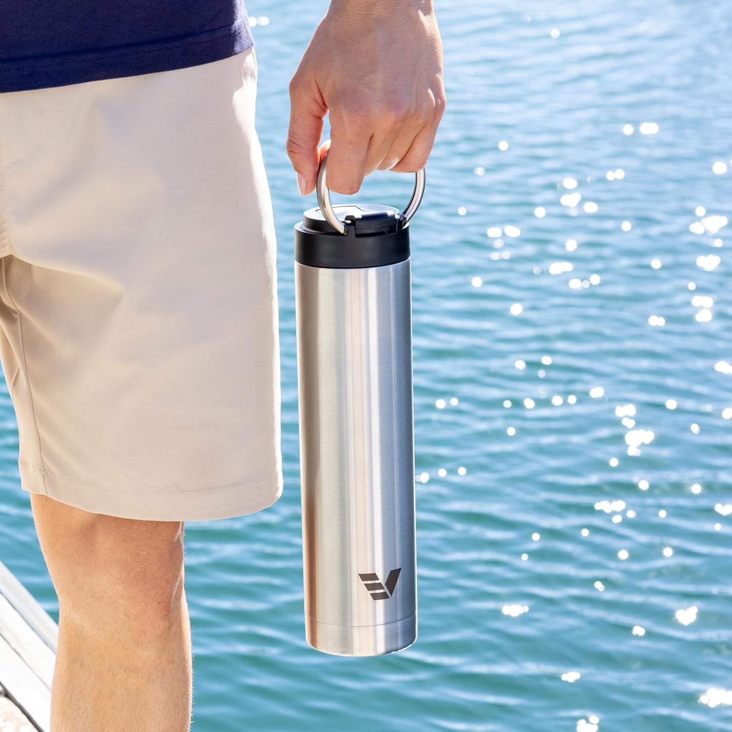 Super Maxi Stainless Steel Water Bottle 36oz - Double wall vacuum insulated | Integrated carry handle | leak proof flip top lid | Lightweight & stylish - Stainless