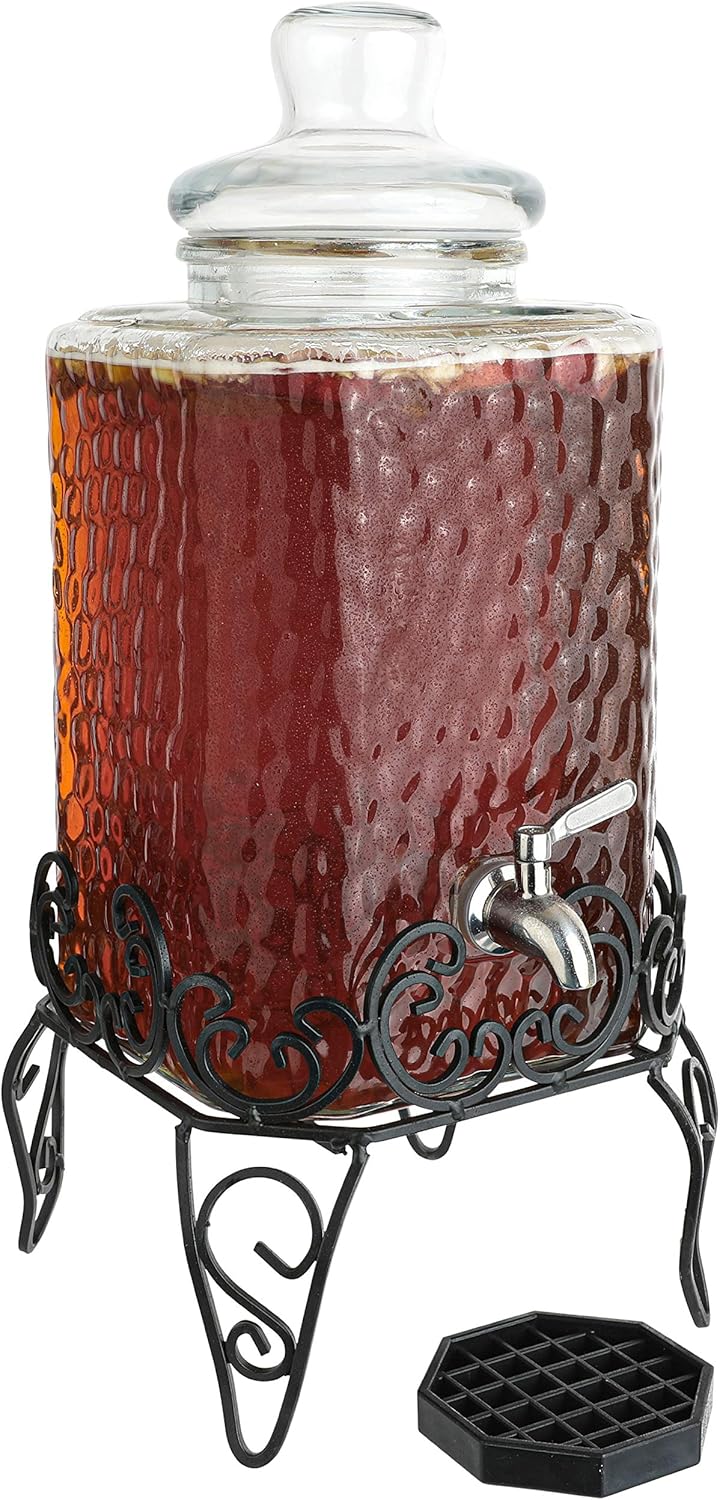 2.5 Gallon Glass Beverage Dispenser with Stand & Stainless Steel Spigot – Large Mason Jar Drink Dispenser for Sun Tea, Kombucha, Iced Tea, Lemonade, Sangria & Cold Drinks