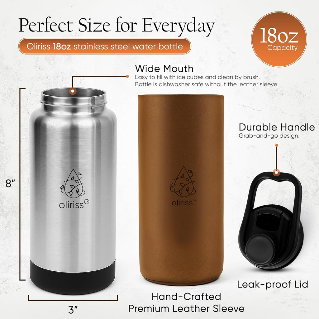 18oz leather stainless steel water bottle (brown)