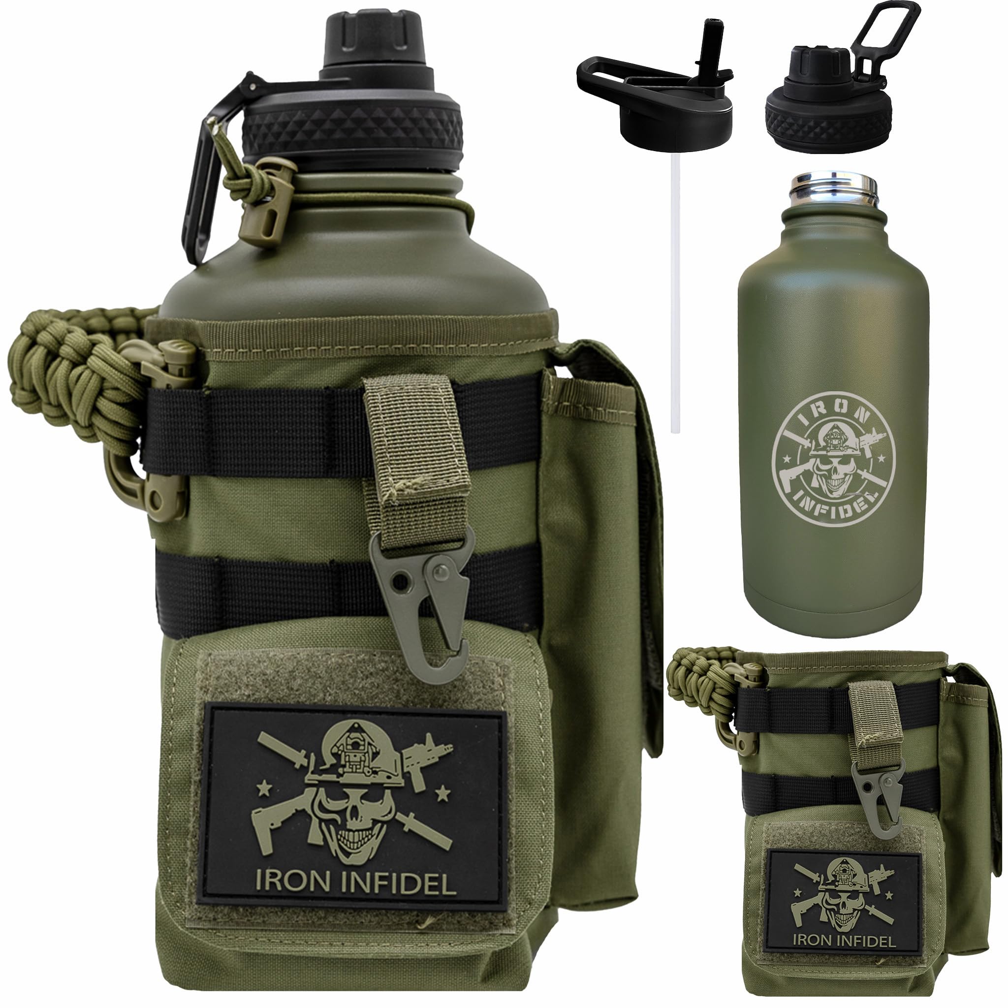 Iron Infidel Battle Bottle - Half Gallon Insulated Water Bottle with Paracord Handle, Large 64 oz Stainless Steel Water Jug with Rugged, Removable Sleeve for Keys, Wallet & Phone (Brown Recluse 2L)