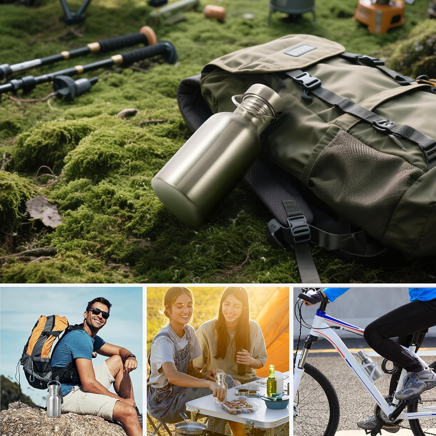 Volhoply 12oz Uninsulated Single Walled Water Bottle, Stainless Steel Reusable Water Bottles with Handle, BPA Free & Plastic Free 18/8 304 Metal Water Bottles for Camping, Hikers, Cyclists