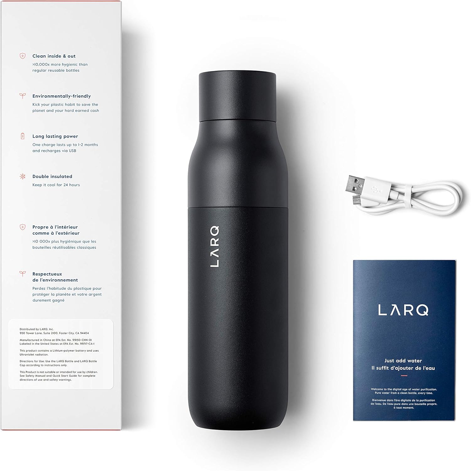 LARQ Bottle PureVis 17 oz - Self-Cleaning and Insulated Stainless Steel Water Bottle with UV Water Purifier and Award-winning Design | Reusable & Travel Friendly, Obsidian Black