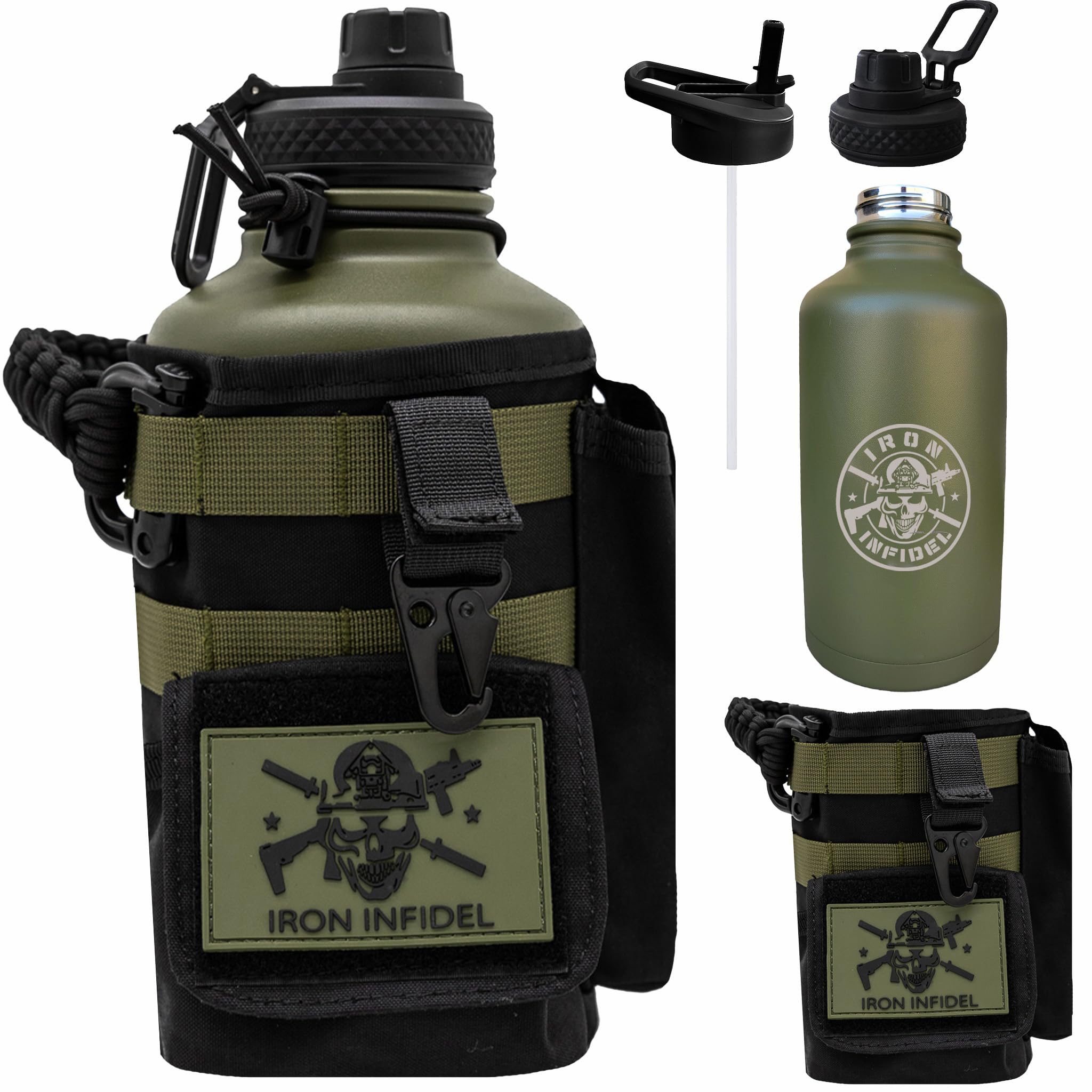 Iron Infidel Battle Bottle - Half Gallon Insulated Water Bottle with Paracord Handle, Large 64 oz Stainless Steel Water Jug with Rugged, Removable Sleeve for Keys, Wallet & Phone (Brown Recluse 2L)