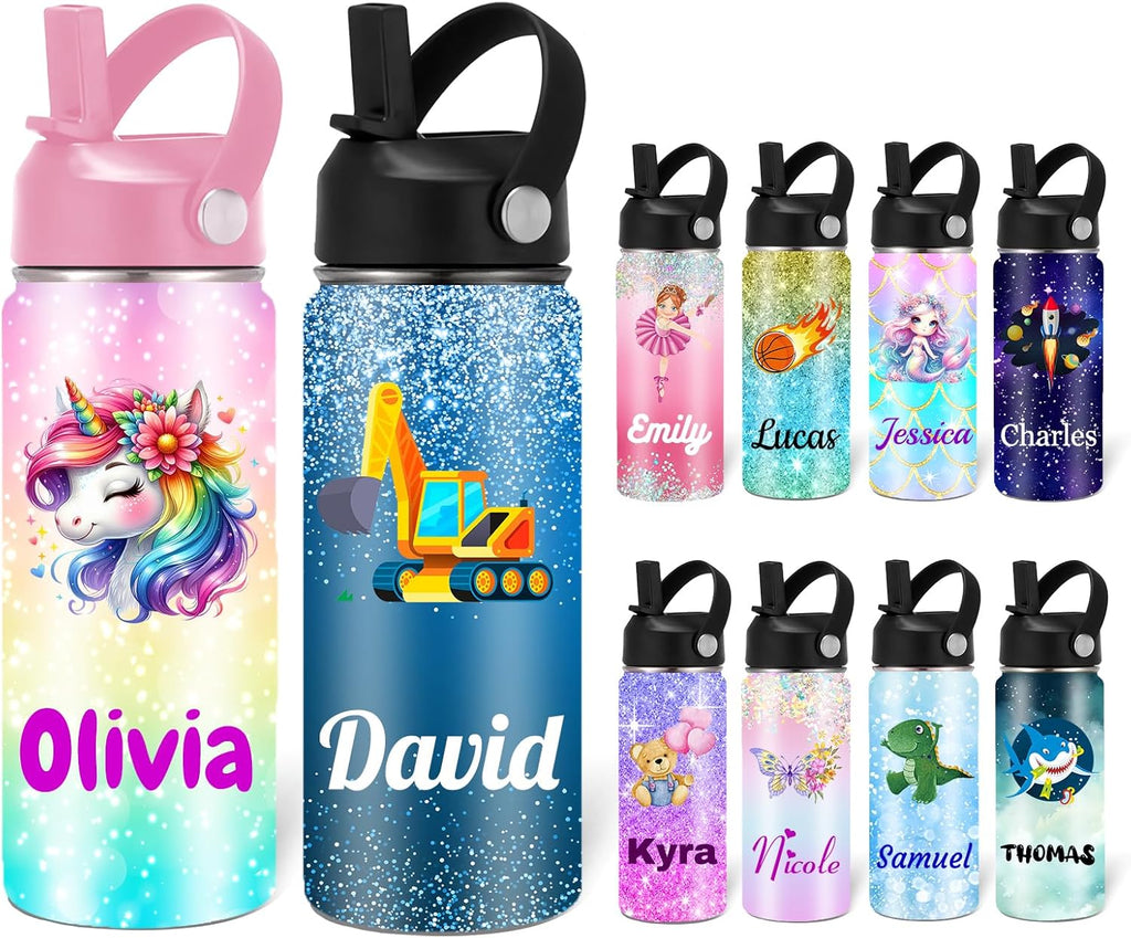 Custom Personalized Water Bottle for Kids Customized Water Bottles with Name Customizable Stainless Steel Insulated Cups 12/16/18/24/32/40 oz for School Girls Boys Toddler