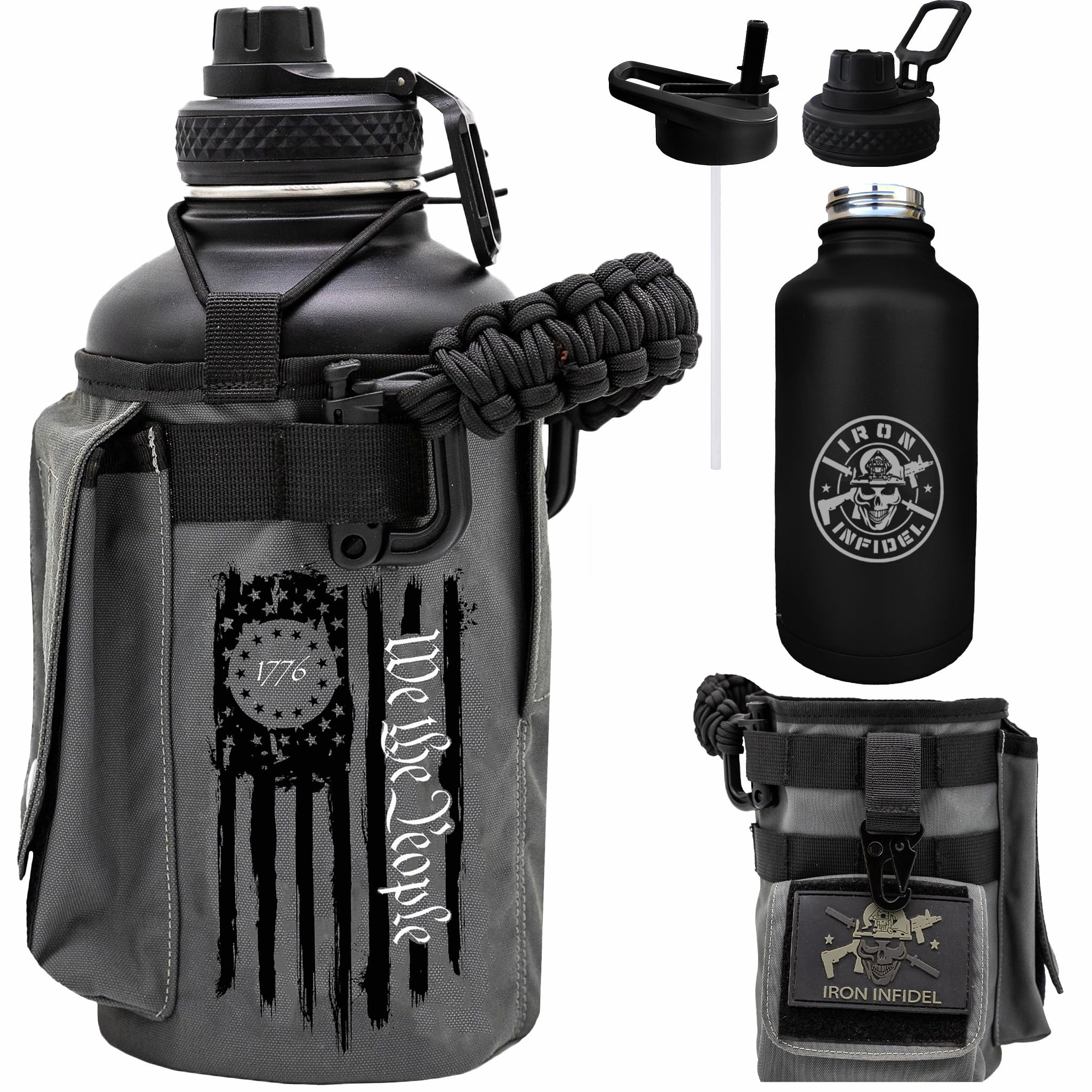 Iron Infidel Battle Bottle - Half Gallon Insulated Water Bottle with Paracord Handle, Large 64 oz Stainless Steel Water Jug with Rugged, Removable Sleeve for Keys, Wallet & Phone (Brown Recluse 2L)