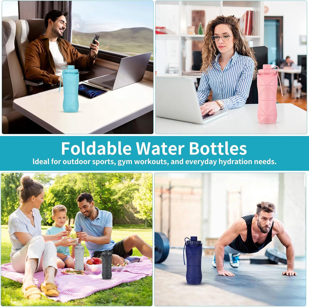 Silicone Collapsible Water Bottles,Lightweight Reusable Leakproof For Traveling Camping Hiking Cycling Sports Outdoor,Foldable Portable Travel Water Bottle 600ML Dark Grey And Purple 2Pack.