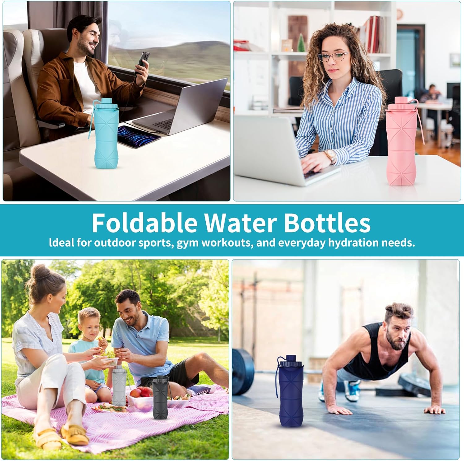 Silicone Collapsible Water Bottles,Lightweight Reusable Leakproof For Traveling Camping Hiking Cycling Sports Outdoor,Foldable Portable Travel Water Bottle 600ML Dark Grey And Purple 2Pack.