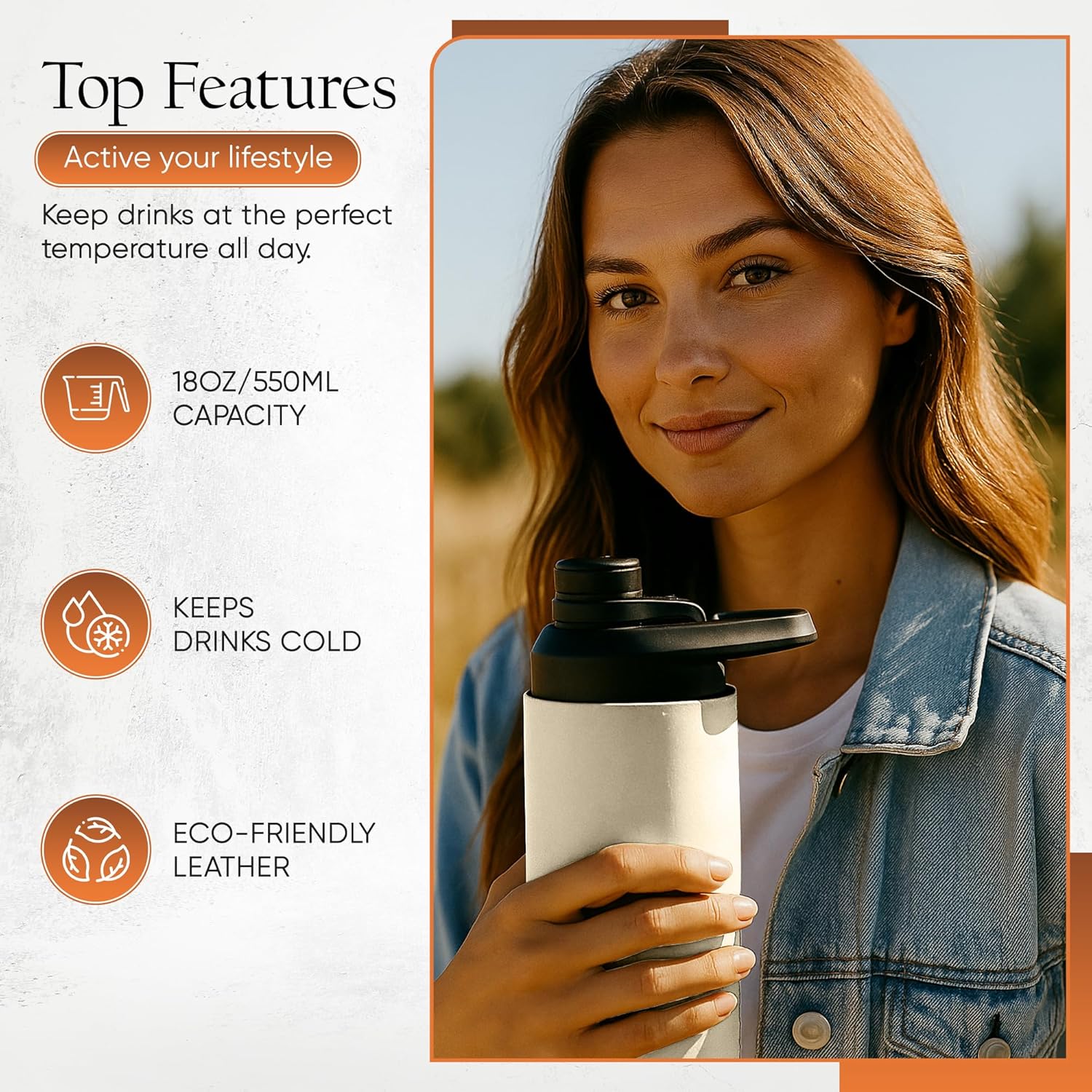 Reusable Water Bottle Leather Flask – 18Oz Stainless Steel Bottle with Genuine Handmade Leather Pouch – Double Wall Insulated Design with Wide Mouth – Leakproof Lid and Ergonomic Handle