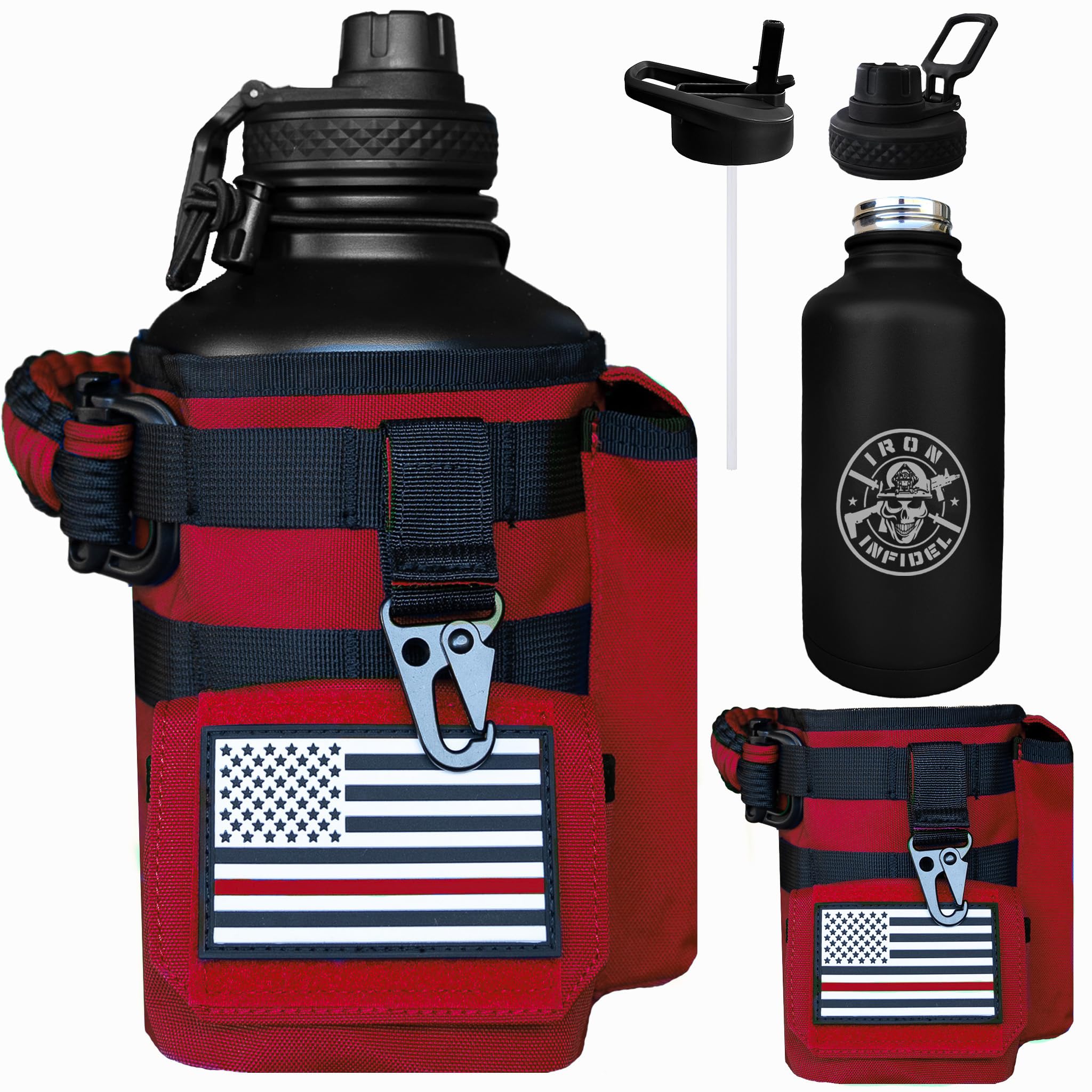 Iron Infidel Battle Bottle - Half Gallon Insulated Water Bottle with Paracord Handle, Large 64 oz Stainless Steel Water Jug with Rugged, Removable Sleeve for Keys, Wallet & Phone (Brown Recluse 2L)