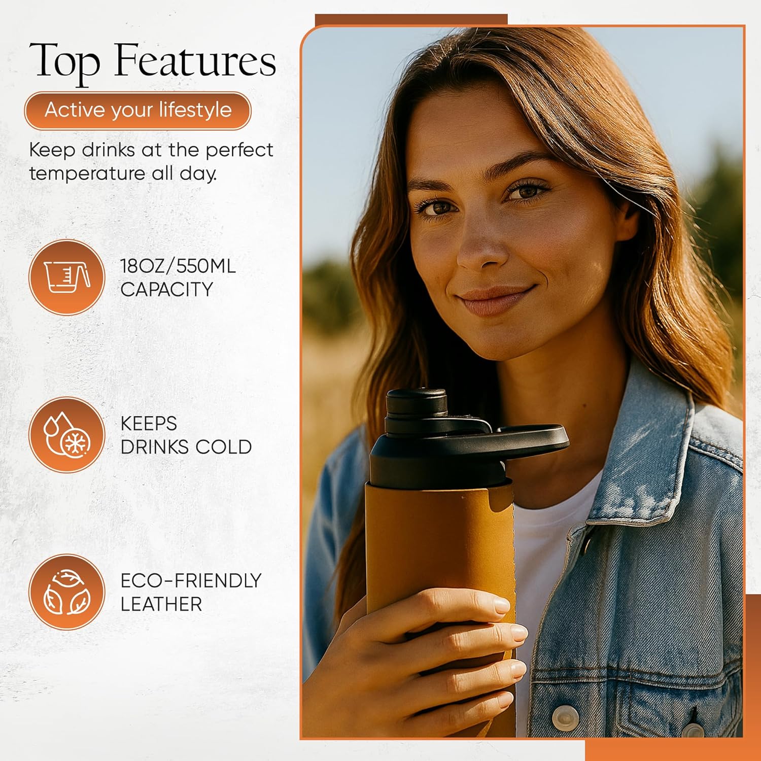 18oz leather stainless steel water bottle (brown)