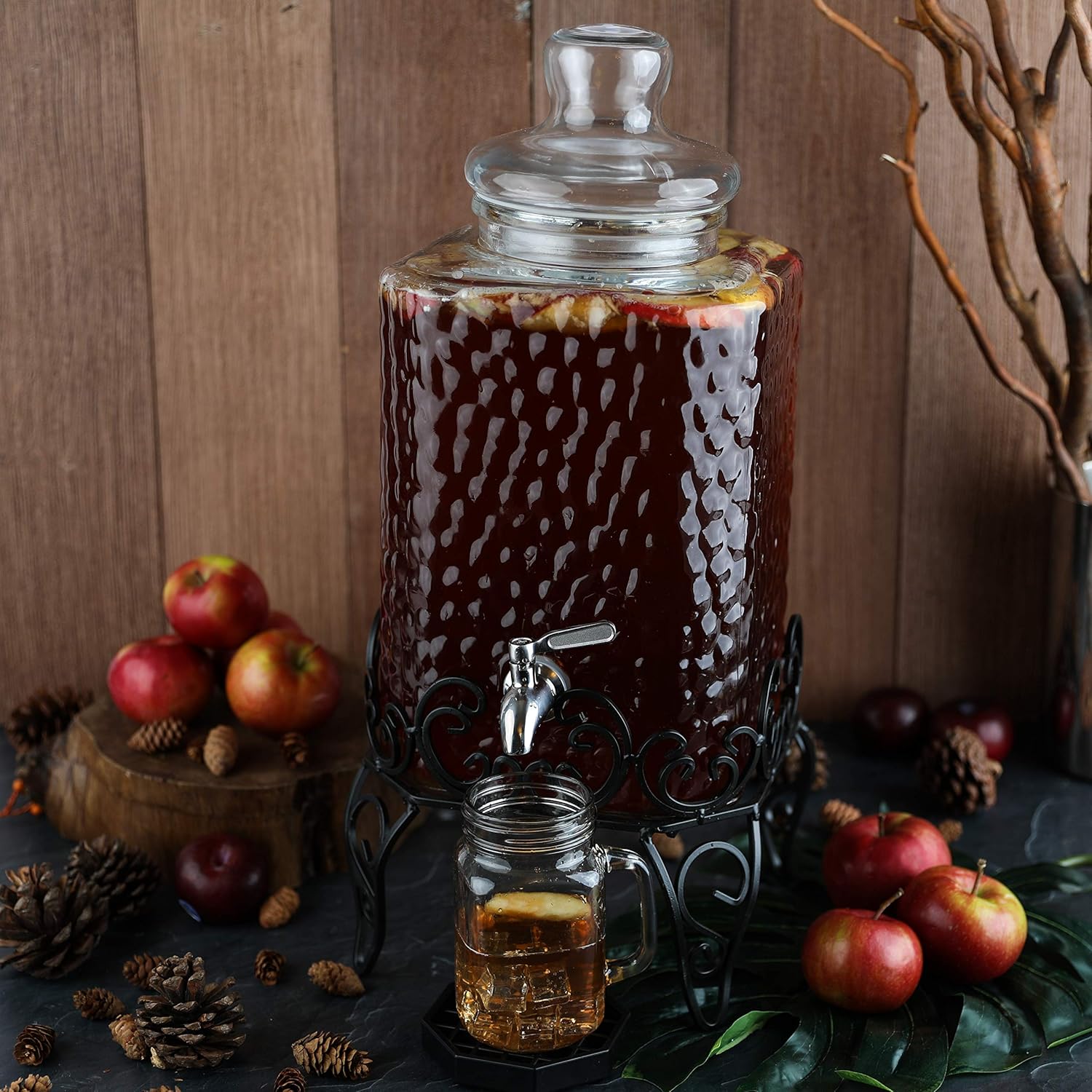 2.5 Gallon Glass Beverage Dispenser with Stand & Stainless Steel Spigot – Large Mason Jar Drink Dispenser for Sun Tea, Kombucha, Iced Tea, Lemonade, Sangria & Cold Drinks