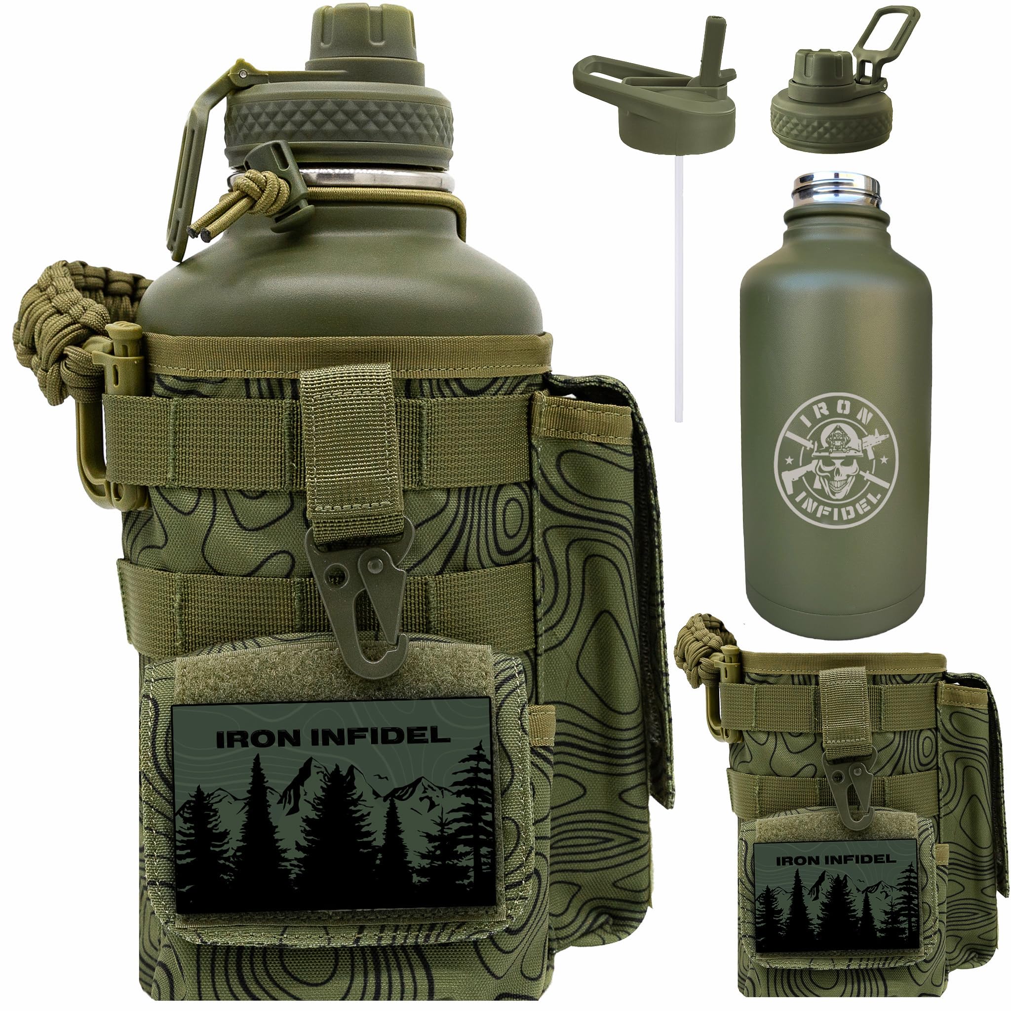 Iron Infidel Battle Bottle - Half Gallon Insulated Water Bottle with Paracord Handle, Large 64 oz Stainless Steel Water Jug with Rugged, Removable Sleeve for Keys, Wallet & Phone (Brown Recluse 2L)