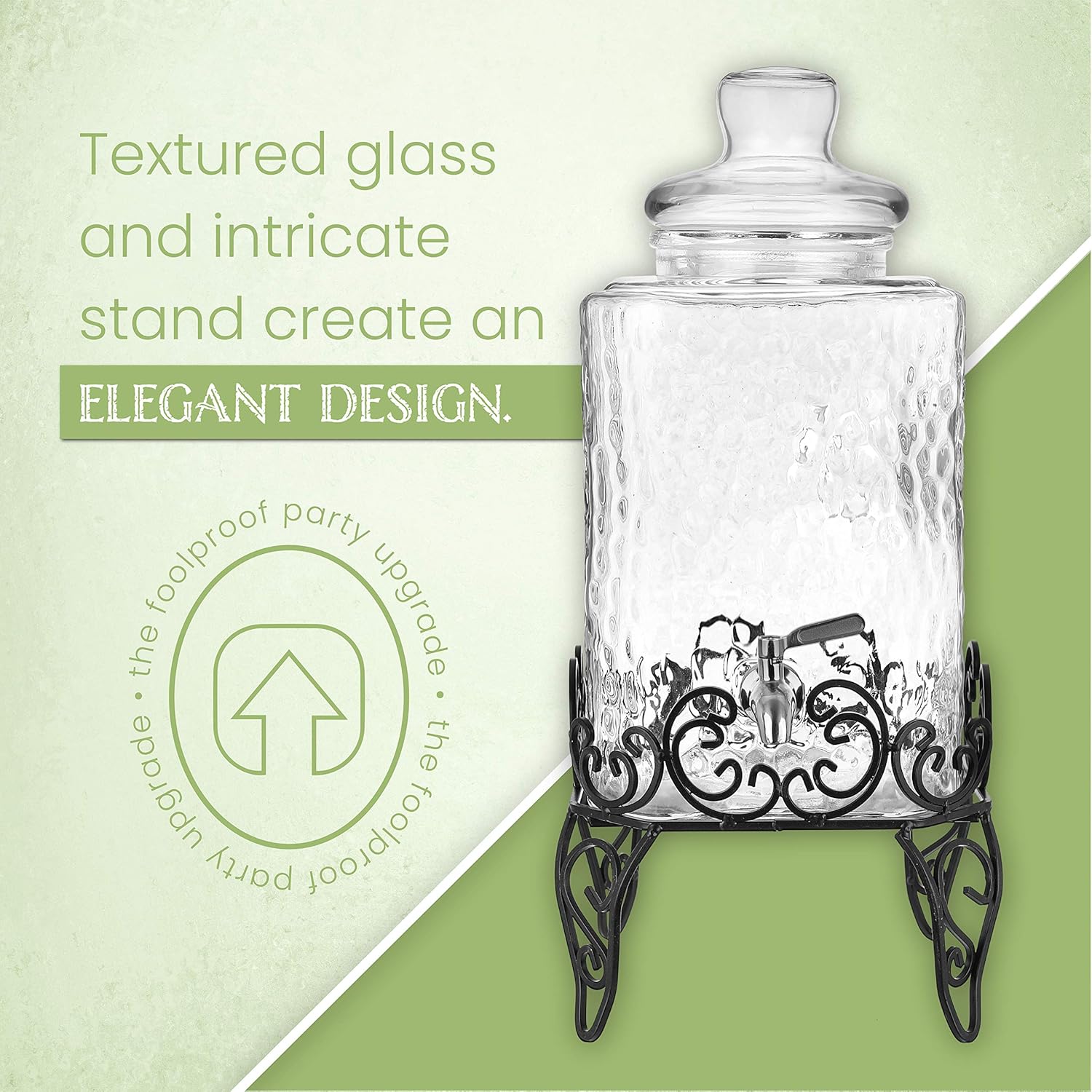 2.5 Gallon Glass Beverage Dispenser with Stand & Stainless Steel Spigot – Large Mason Jar Drink Dispenser for Sun Tea, Kombucha, Iced Tea, Lemonade, Sangria & Cold Drinks